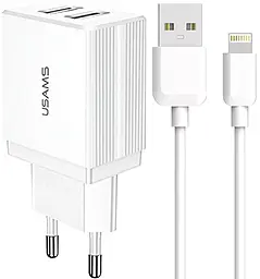 Сетевое зарядное устройство Usams T24 2.1a 2xUSB-A ports charger + Lightning cable white (US-CC090) - фото Сетевое зарядное устройство Usams T24 2.1a 2xUSB-A ports charger + Lightning cable white (US-CC090)