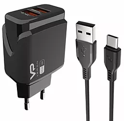 Сетевое зарядное устройство Veron VR-C12C 2.4a 2xUSB-A ports home charger + USB-C cable black - фото Сетевое зарядное устройство Veron VR-C12C 2.4a 2xUSB-A ports home charger + USB-C cable black