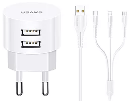 Мережевий зарядний пристрій Usams Travel Charging Kit Sing-Tu T20 Dual USB Round Travel + U35 3IN1 Cable EU
