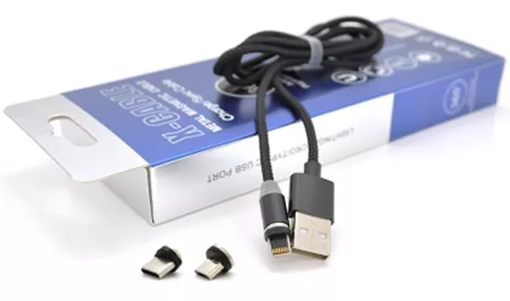 Универсальный кабель PiPo Magnetic 3-in-1 USB-A to Type-C/Lightning/micro USB 12w 2.4a 1м cable Black - фото 1