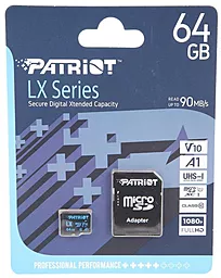 Карта пам'яті Patriot microSDXC 64GB LX Series Class 10 UHS-I U1 V10 A1 + SD-адаптер (PSF64GLX11MCX)