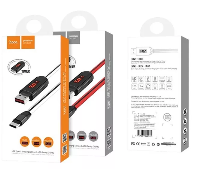 Кабель Hoco U29 LED Displayed Timing USB-A - Type-C 12w 2.4a 1.2м cable White - фото 3