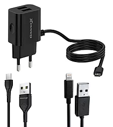 Сетевое зарядное устройство Grand-X 15.5w 2xUSB-A ports home charger + USB-C/micro USB/Lightning cable black (CH65LT)