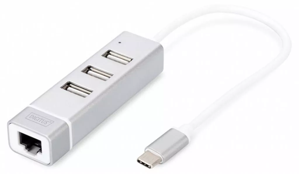 Концентратор USB со встроенным сетевым разъемом Digitus USB Type-C, 3xUSB+Fast Ethernet Silver (DA-70253) - фото 1