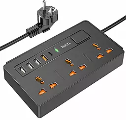 Мережевий фільтр (подовжувач) Hoco DC15 4USB/Type-C 3роз. 2м чорний - фото Мережевий фільтр (подовжувач) Hoco DC15 4USB/Type-C 3роз. 2м чорний