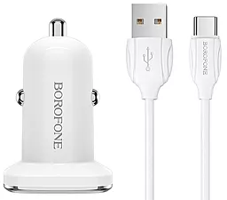 Автомобильное зарядное устройство Borofone BZ12 Lasting Power 2.4a 2xUSB-A ports car charger + USB-C cable white - фото Автомобильное зарядное устройство Borofone BZ12 Lasting Power 2.4a 2xUSB-A ports car charger + USB-C cable white