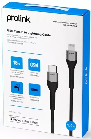 Кабель Prolink USB Type-C - Lightning 18w 3a 1м PD сable Black (PF444A-0100) - фото 5