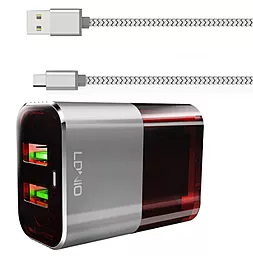 Мережевий зарядний пристрій LDNio A2206 2USB 2.4A + USB Type-C Cable Gray