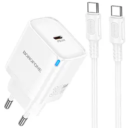 Сетевое зарядное устройство Borofone BA84A 30w PD USB-C fast charger + USB-C to USB-C cable white - фото Сетевое зарядное устройство Borofone BA84A 30w PD USB-C fast charger + USB-C to USB-C cable white