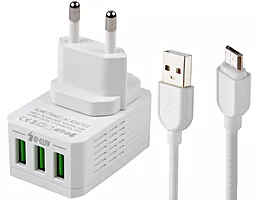 Сетевое зарядное устройство EMY MY-A300 17w 3xUSB-A ports charger + micro USB cable white (MY-A300-MUW) - фото Сетевое зарядное устройство EMY MY-A300 17w 3xUSB-A ports charger + micro USB cable white (MY-A300-MUW)