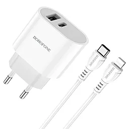 Сетевое зарядное устройство Borofone BA62A Wiseacre 2.4a USB-C/USB-A ports charger + USB-C to Lightning cable white - фото Сетевое зарядное устройство Borofone BA62A Wiseacre 2.4a USB-C/USB-A ports charger + USB-C to Lightning cable white