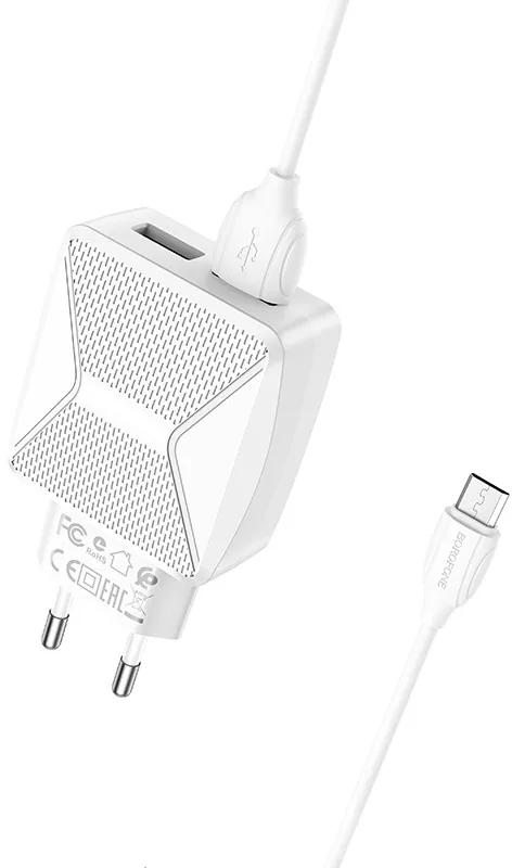 Мережевий зарядний пристрій Borofone BA45A Max Power 2.4a 2xUSB-A ports charger + micro USB cable white - фото 5