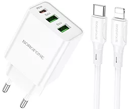 Сетевое зарядное устройство Borofone BA70A 20w PD 2xUSB-A/USB-C ports charger + USB-С to Lightning cable white - фото Сетевое зарядное устройство Borofone BA70A 20w PD 2xUSB-A/USB-C ports charger + USB-С to Lightning cable white