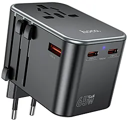 Сетевое зарядное устройство Hoco AC17 65w GaN PD 2xUSB-C/USB-A ports charger + soket black - фото Сетевое зарядное устройство Hoco AC17 65w GaN PD 2xUSB-C/USB-A ports charger + soket black