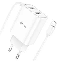 Сетевое зарядное устройство Hoco C103A 2.1a 2xUSB-A ports charger + Lightning cable white - фото Сетевое зарядное устройство Hoco C103A 2.1a 2xUSB-A ports charger + Lightning cable white