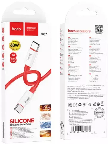 Кабель Hoco X87 Magic Silicone USB Type-C - Type-C 60w 3a 1м PD cable Red - фото 5