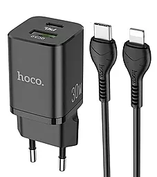 Мережевий зарядний пристрій з швидкою зарядкою Hoco N13 Bright USB-A/USB-C PD30W/QC3.0 + Type-C to Lightning Cable Black