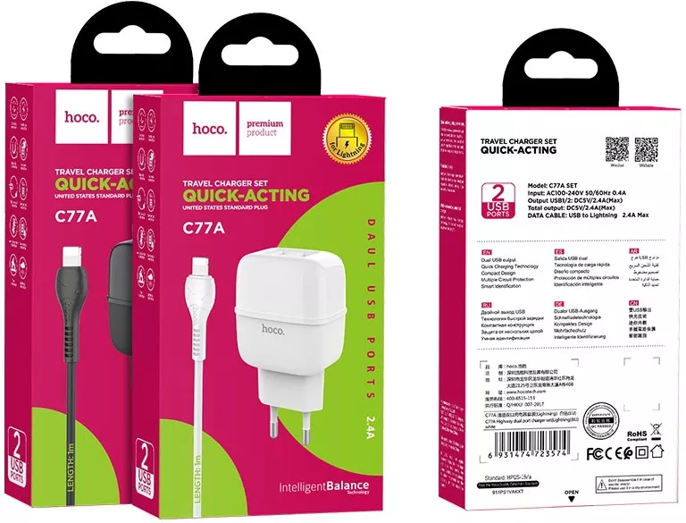 Сетевое зарядное устройство Hoco C77A 2.4a 2xUSB-A ports charger + Lightning cable white - фото 8