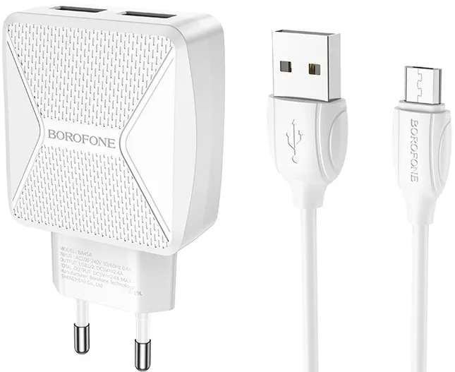 Мережевий зарядний пристрій Borofone BA45A Max Power 2.4a 2xUSB-A ports charger + micro USB cable white - фото 1