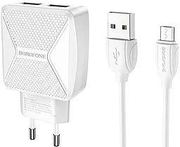 Сетевое зарядное устройство Borofone BA45A Max Power 2.4a 2xUSB-A ports charger + micro USB cable white - фото Сетевое зарядное устройство Borofone BA45A Max Power 2.4a 2xUSB-A ports charger + micro USB cable white