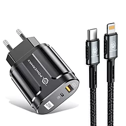 Сетевое зарядное устройство Powermax Duo Bravo 20w PD/QC USB-C/USB-A ports + USB-C to Lightning cable black - фото Сетевое зарядное устройство Powermax Duo Bravo 20w PD/QC USB-C/USB-A ports + USB-C to Lightning cable black