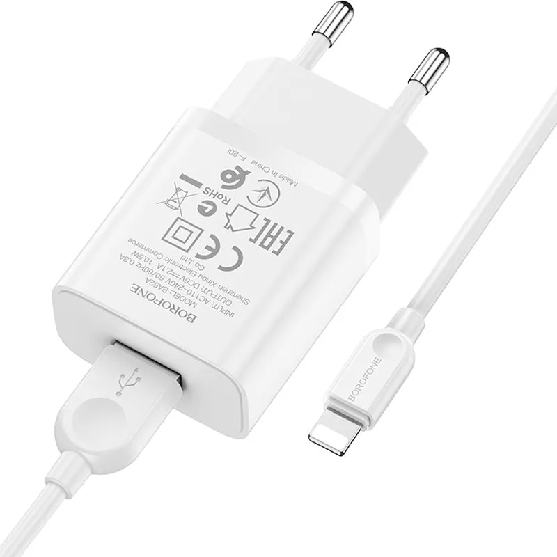 Сетевое зарядное устройство Borofone BA52A Gamble 2.1a home charger + Lightning cable white - фото 3
