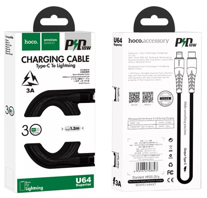 Кабель Hoco U64 Superior USB Type-C - Lightning 1.8w 3a 1.2м PD сable Black - фото 4