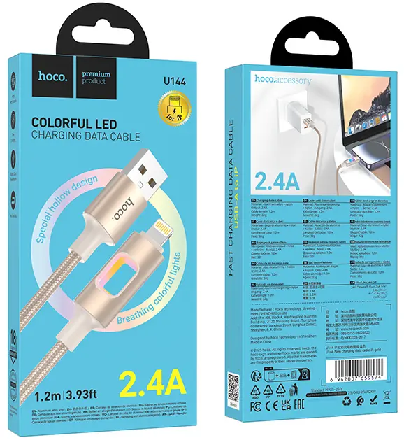 Кабель Hoco U144 USB-A - Lightning 12w 2.4a 1.2м cable Gold - фото 5