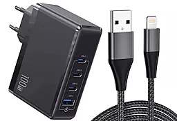 Мережевий зарядний пристрій Powermax Eclipse 100w GaN PD 3xUSB-C/USB-A ports charger + Lightning cable black - фото Мережевий зарядний пристрій Powermax Eclipse 100w GaN PD 3xUSB-C/USB-A ports charger + Lightning cable black