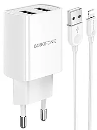 Мережевий зарядний пристрій Borofone BA53A Powerway 2USB 2.1A + Lightning Cable White