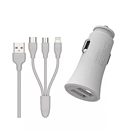 Автомобильное зарядное устройство WK Design Warpath 2.4a 2xUSB-A ports car charger + 3-in-1 USB-A to USB-C/micro USB/Lightning cable white (WP-C13) - фото Автомобильное зарядное устройство WK Design Warpath 2.4a 2xUSB-A ports car charger + 3-in-1 USB-A to USB-C/micro USB/Lightning cable white (WP-C13)