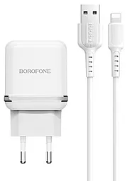 Сетевое зарядное устройство Borofone BA25A Outstanding 2.4a 2xUSB-A ports charger + Lightning cable white - фото Сетевое зарядное устройство Borofone BA25A Outstanding 2.4a 2xUSB-A ports charger + Lightning cable white