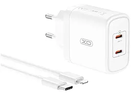 Сетевое зарядное устройство XO CE08 50w PD 2xUSB-C ports fast charger + USB-C to Lightning cable white - фото Сетевое зарядное устройство XO CE08 50w PD 2xUSB-C ports fast charger + USB-C to Lightning cable white