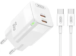 Сетевое зарядное устройство XO CE07EU 35w GaN PD 2xUSB-C ports charger + USB-C to USB-C cable white - фото Сетевое зарядное устройство XO CE07EU 35w GaN PD 2xUSB-C ports charger + USB-C to USB-C cable white