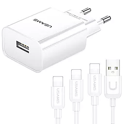Мережевий зарядний пристрій Usams -LT Travel Charging Set-Land-Tu T18 Single USB charger + 3IN1 Lightning Cable-U Turn EU White