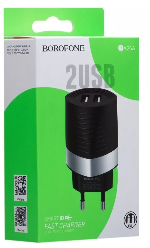 Сетевое зарядное устройство Borofone BA26A Mighty 2.4a 2xUSB-A ports charger black - фото 3