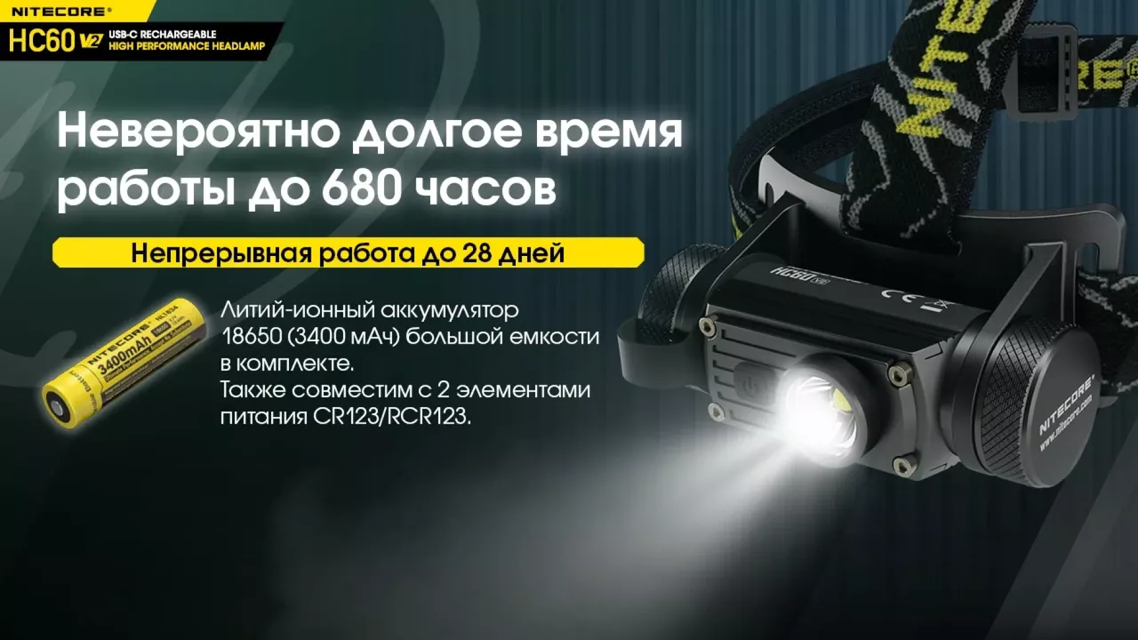 Налобный фонарик Nitecore HC60 V2 (6-1211_V2) (1x18650, 2xCR123, 2xRCR123) - фото 9