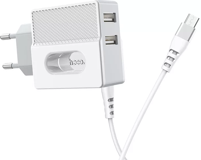 Мережевий зарядний пристрій Hoco C75 2.4a 2xUSB-A ports charger + micro USB cable white - фото 2