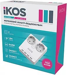 Мережевий фільтр (подовжувач) Ikos F24S-U 2 розетки 16А 4xUSB-A 1.5 м з вимикачем White (0005-CEF) - мініатюра 4