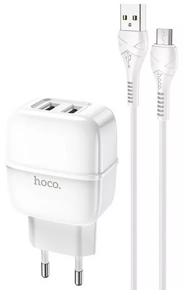 Сетевое зарядное устройство Hoco C77A 2.4a 2xUSB-A ports charger + micro USB cable white - фото 1