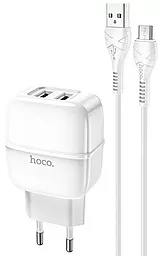 Сетевое зарядное устройство Hoco C77A 2.4a 2xUSB-A ports charger + micro USB cable white - фото Сетевое зарядное устройство Hoco C77A 2.4a 2xUSB-A ports charger + micro USB cable white