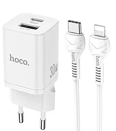 Мережевий зарядний пристрій з швидкою зарядкою Hoco N13 Bright USB-A/USB-C PD30W/QC3.0 + Type-C to Lightning Cable White