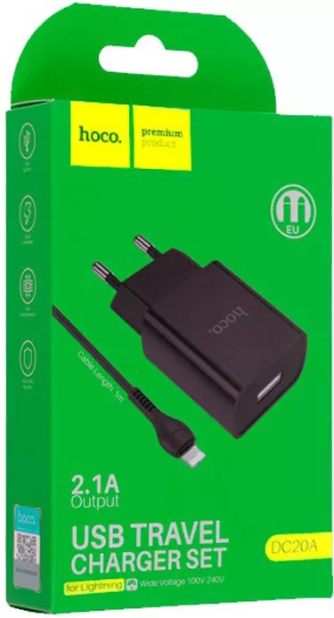 Мережевий зарядний пристрій Hoco DC20A 2.1a home charger + Lightning cable black - фото 4