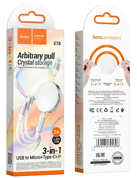Универсальный кабель Hoco X78 3-in-1 USB-A to Type-C/Lightning/micro USB 12w 2.4a 1м сable White - фото 5