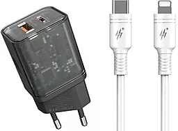 Сетевое зарядное устройство Proda 20w PD USB-C/USB-A ports charger + USB-C to Lightning cable black (PD-A62-BK) - фото Сетевое зарядное устройство Proda 20w PD USB-C/USB-A ports charger + USB-C to Lightning cable black (PD-A62-BK)