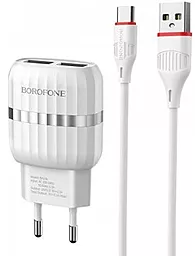 Сетевое зарядное устройство Borofone BA24A Vigour 2.1a 2xUSB-A ports charger + USB-C cable white - фото Сетевое зарядное устройство Borofone BA24A Vigour 2.1a 2xUSB-A ports charger + USB-C cable white