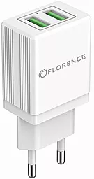 Сетевое зарядное устройство Florence 2a 2xUSB-A ports charger + USB-C cable white (FL-1021-WT)
