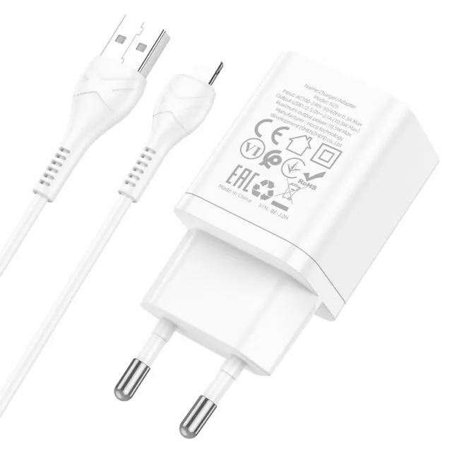 Сетевое зарядное устройство Hoco N25 2.1a 2xUSB-A ports charger + Lightning cable white - фото 2