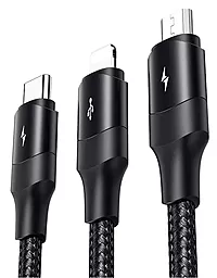 Универсальный кабель Usams U73 3-in-1 USB-A to Type-C/Lightning/micro USB 15w 3a 1.2м сable Black - миниатюра 3 Универсальный кабель Usams U73 3-in-1 USB-A to Type-C/Lightning/micro USB 15w 3a 1.2м сable Black - миниатюра 3