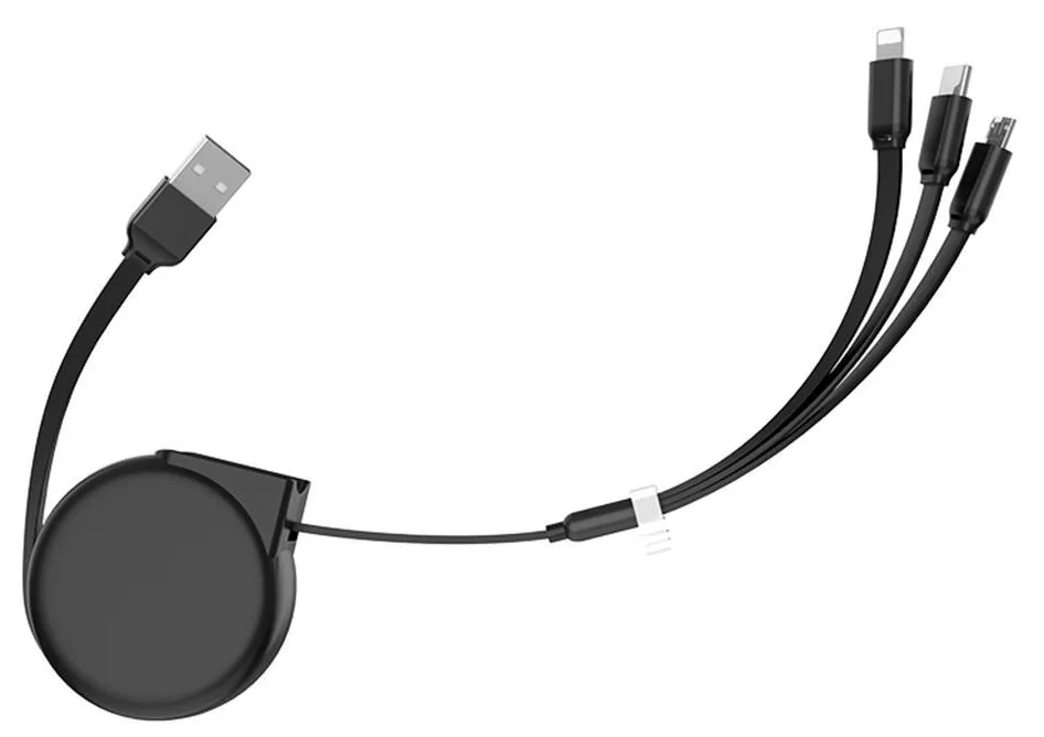 Кабель USB Hoco U50 Retractable 3in1 Lightning + micro USB + USB Type-C Cable Black - фото 3